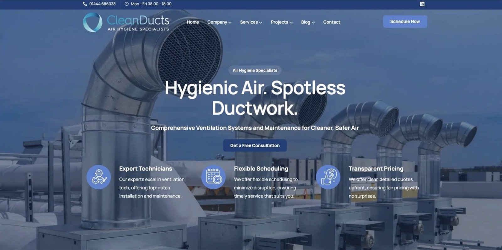 Clean Ducts homepage: "Hygienic Air. Spotless Ductwork." over a rooftop of ventilation ducting, with expert technicians, flexible scheduling and transparent pricing highlights