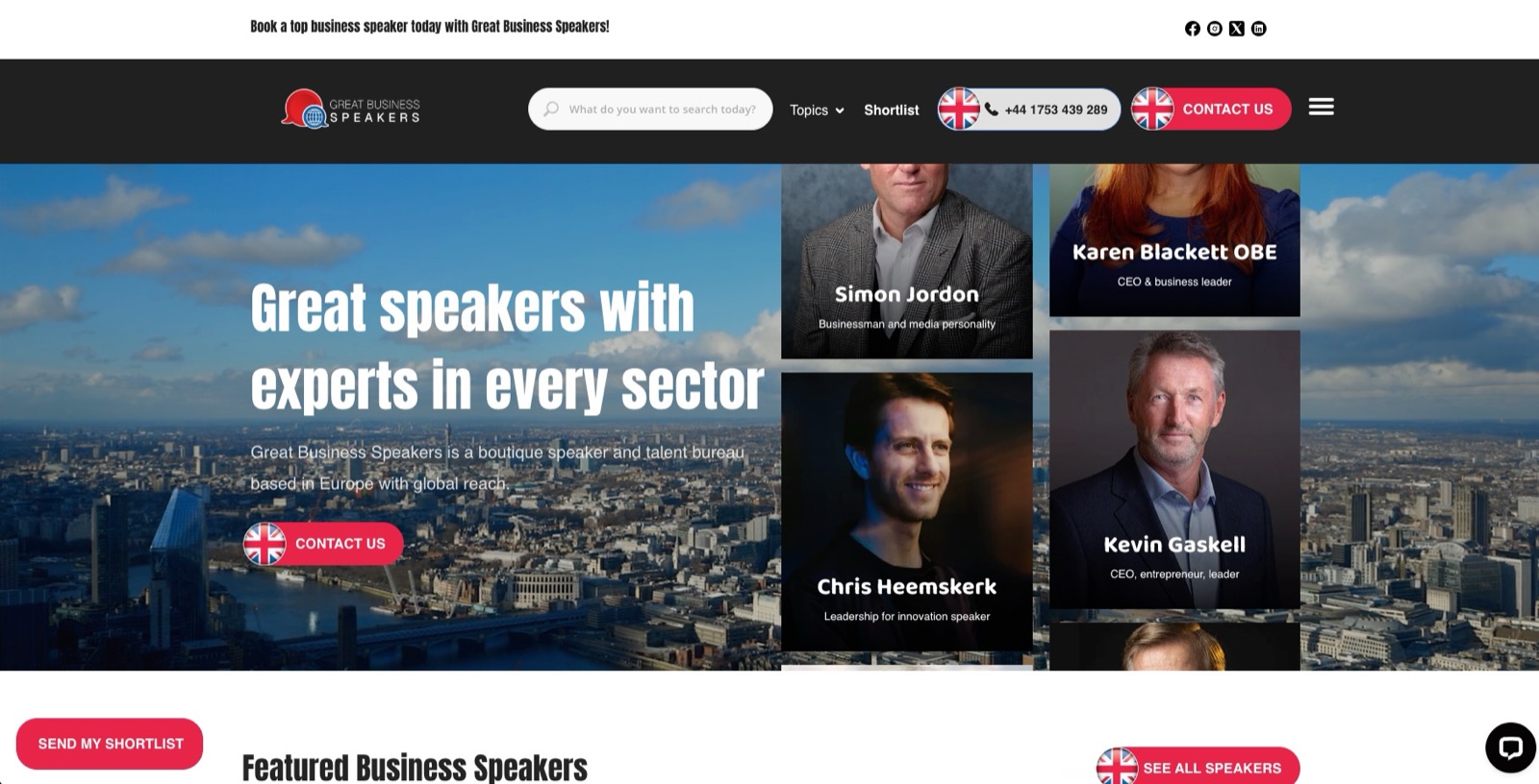 Great Business Speakers homepage: "Great speakers with experts in every sector" with speaker profiles, search bar and shortlist button