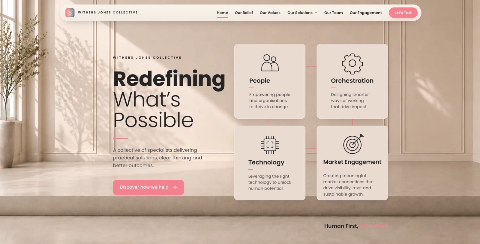 Withers Jones Collective homepage: "Redefining What’s Possible" with four connected cards for People, Orchestration, Technology and Market Engagement